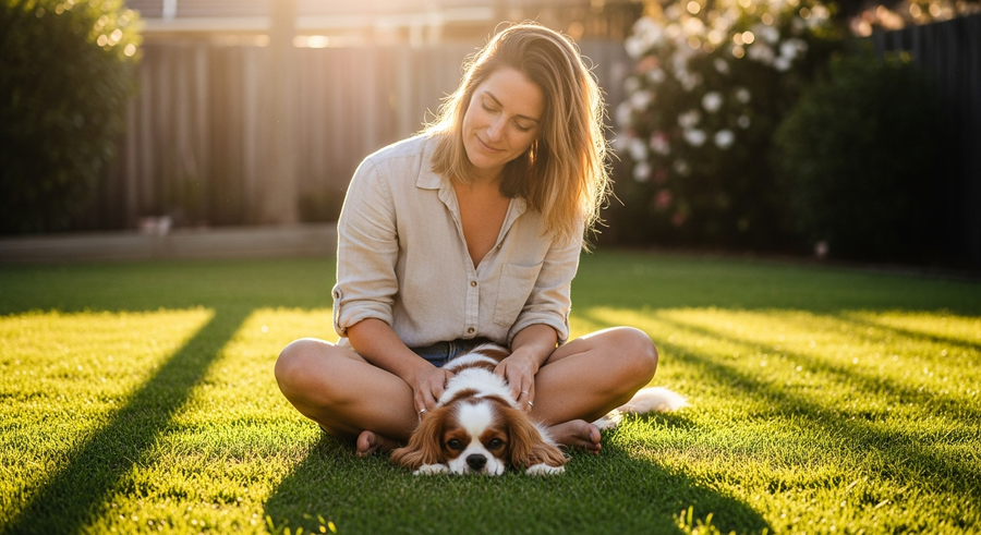 Australian woman sitting in a sunny backyard with her Cavalier King Charles Spaniel, enjoying a peaceful afternoon together