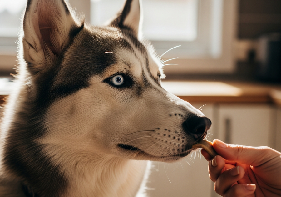 Siberian Husky watching attentively as owner offers a probiotic supplement chew, showing daily gut health routine