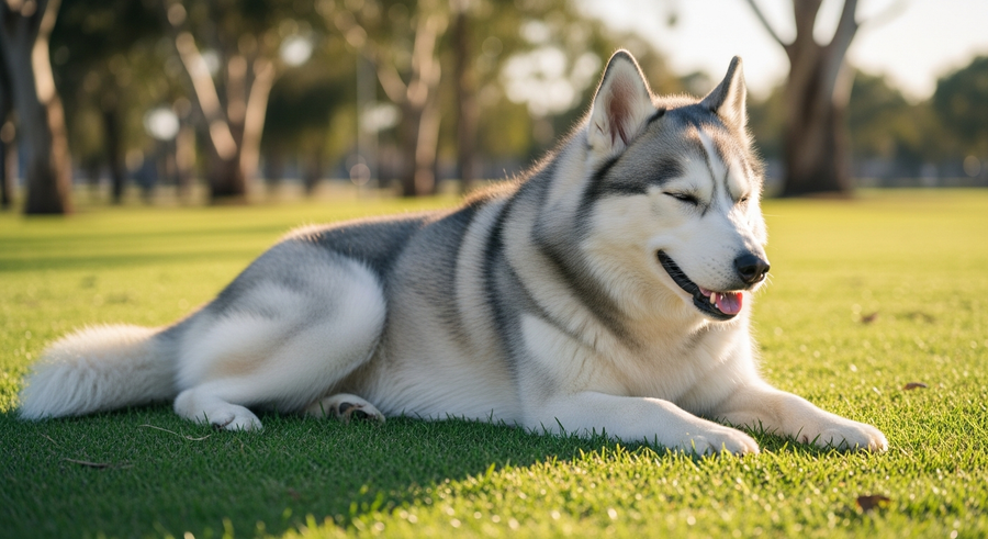 Siberian Husky resting peacefully on grass in an Australian park after exercise, illustrating vitality with daily probiotic support
