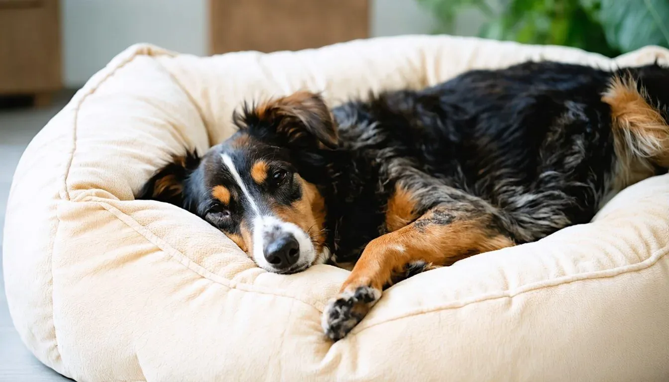 A dog lying comfortably on a soft bed, showcasing a peaceful state due to proper digestive care from probiotics