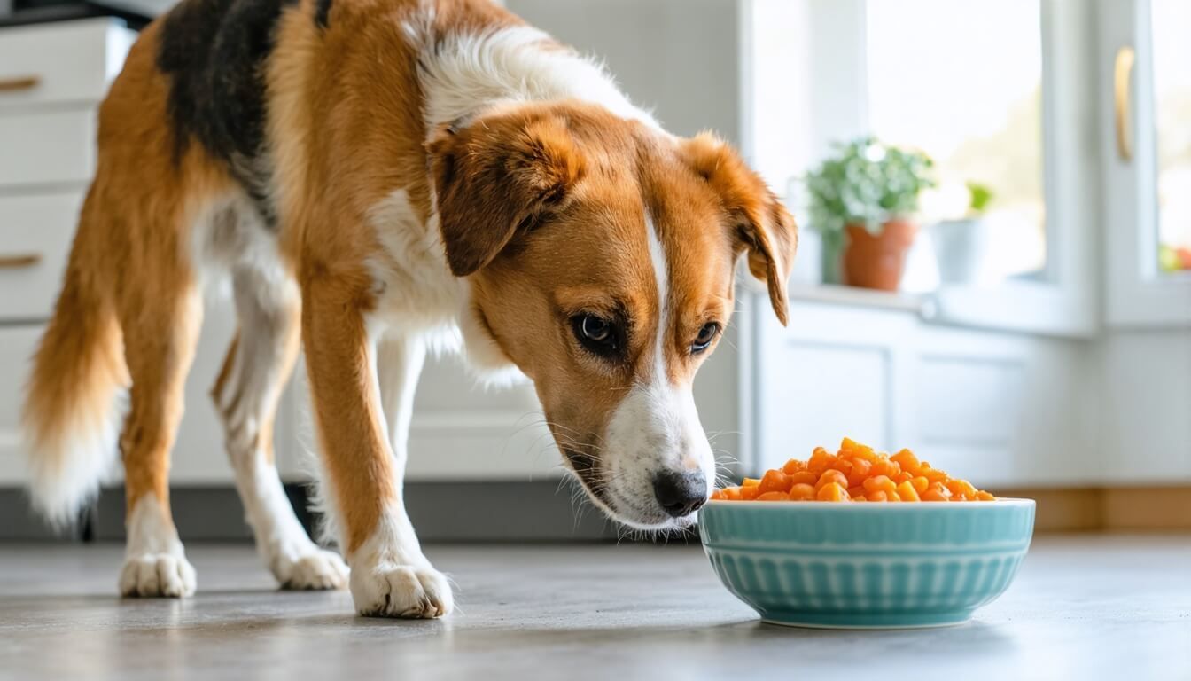A dog looking curiously at a bowl of healthy food, highlighting the importance of diet for gut health