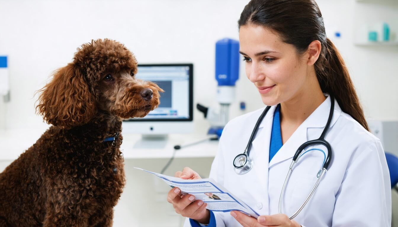A veterinarian consulting with a poodle owner about probiotic options for better gut health