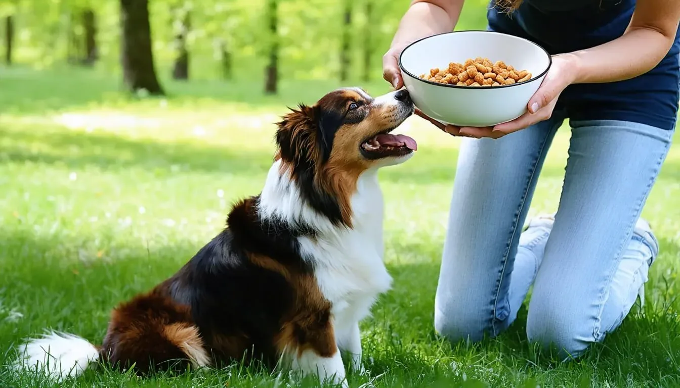 A dog happily interacting with its owner while probiotics are showcased for gut health