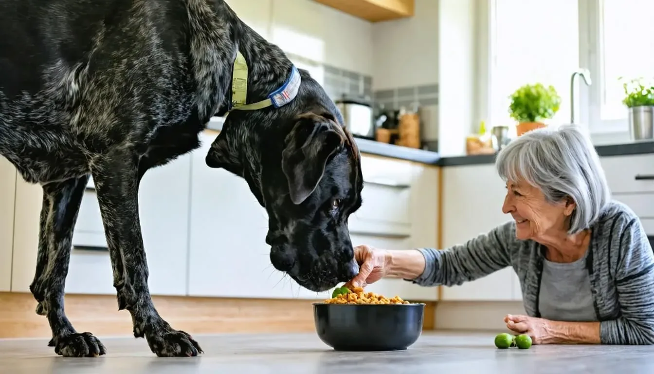 A Great Dane being fed probiotics for better digestive health in a cozy kitchen