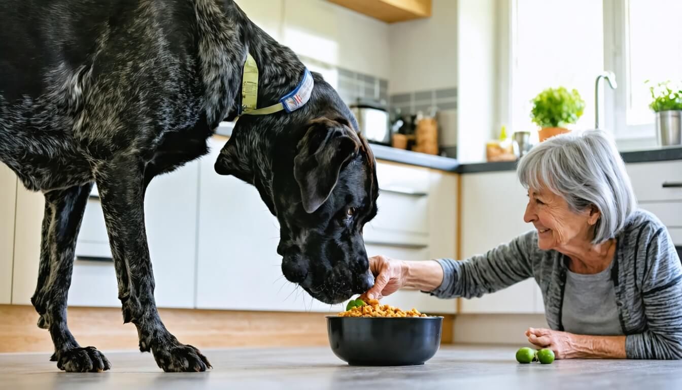 A Great Dane being fed probiotics for better digestive health in a cozy kitchen