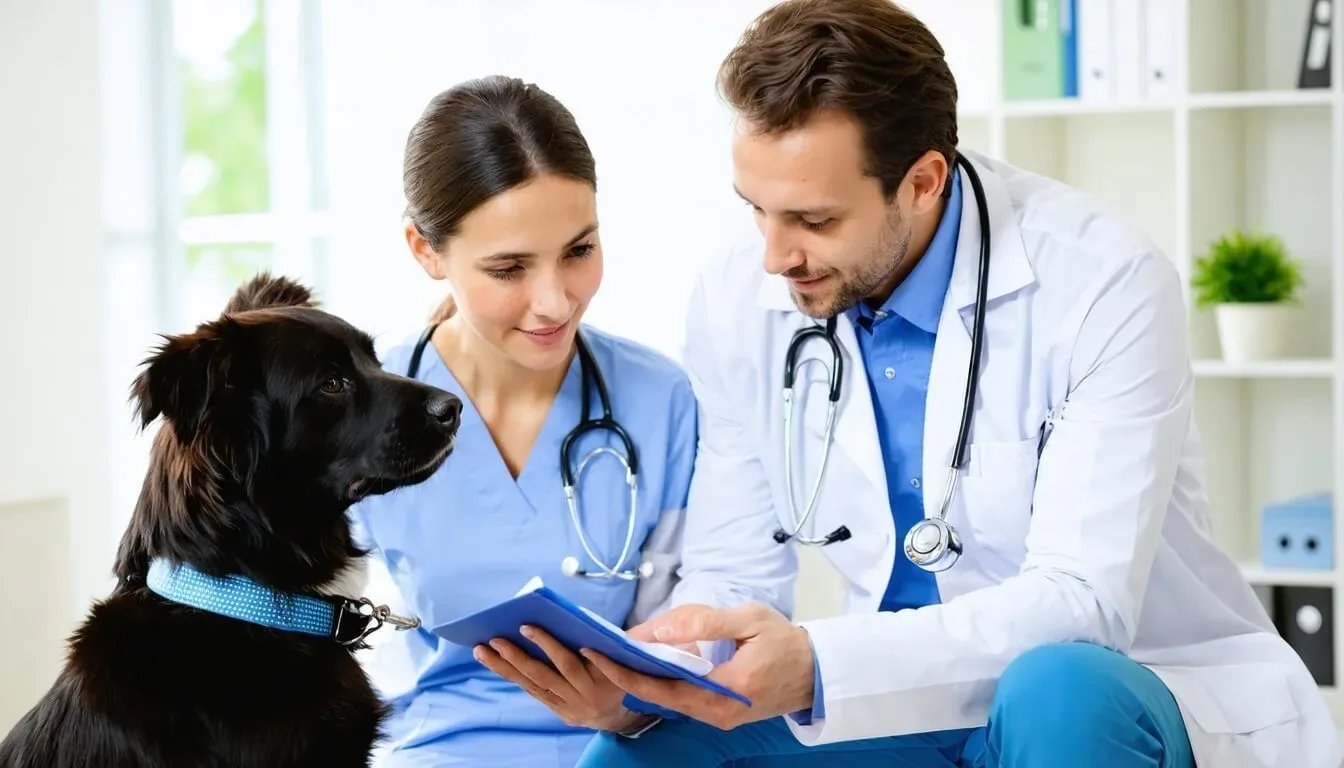 A veterinarian discussing the benefits of probiotics for dogs with an attentive owner