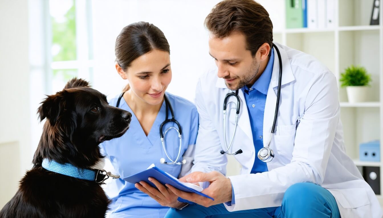A veterinarian discussing the benefits of probiotics for dogs with an attentive owner