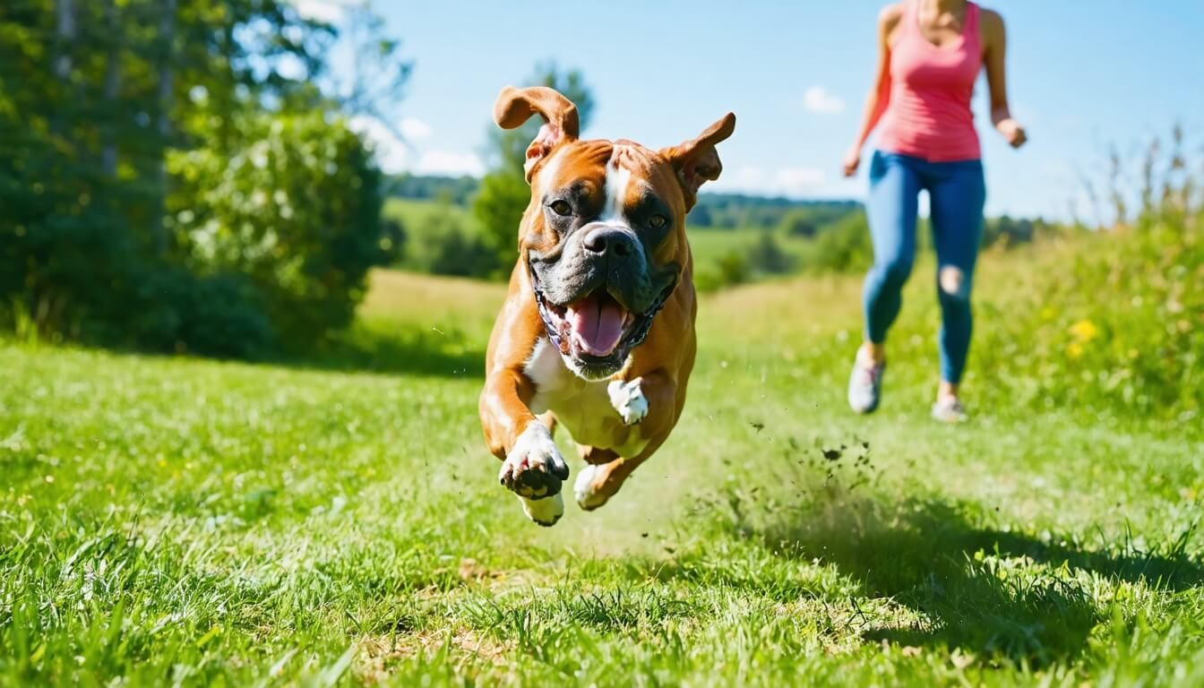A Boxer dog joyfully playing fetch outdoors, highlighting the connection between exercise and digestive health