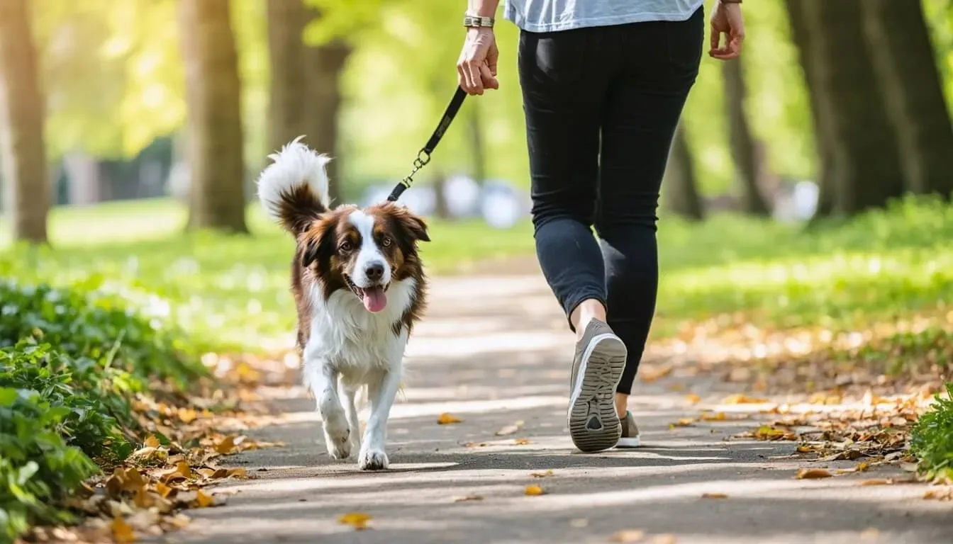 A senior dog enjoying a peaceful walk in the park, illustrating the calming effects of probiotics.