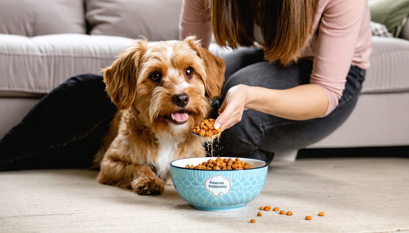 A Cavoodle eagerly interacting with its owner during feeding time, showcasing the importance of probiotics for digestion