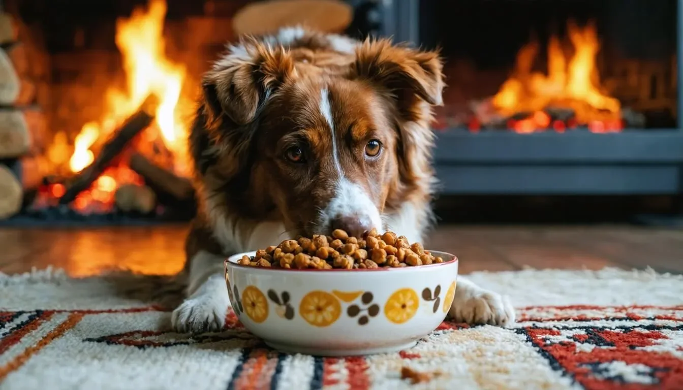 A dog enjoying a nutritious meal in a cozy indoor setting during winter