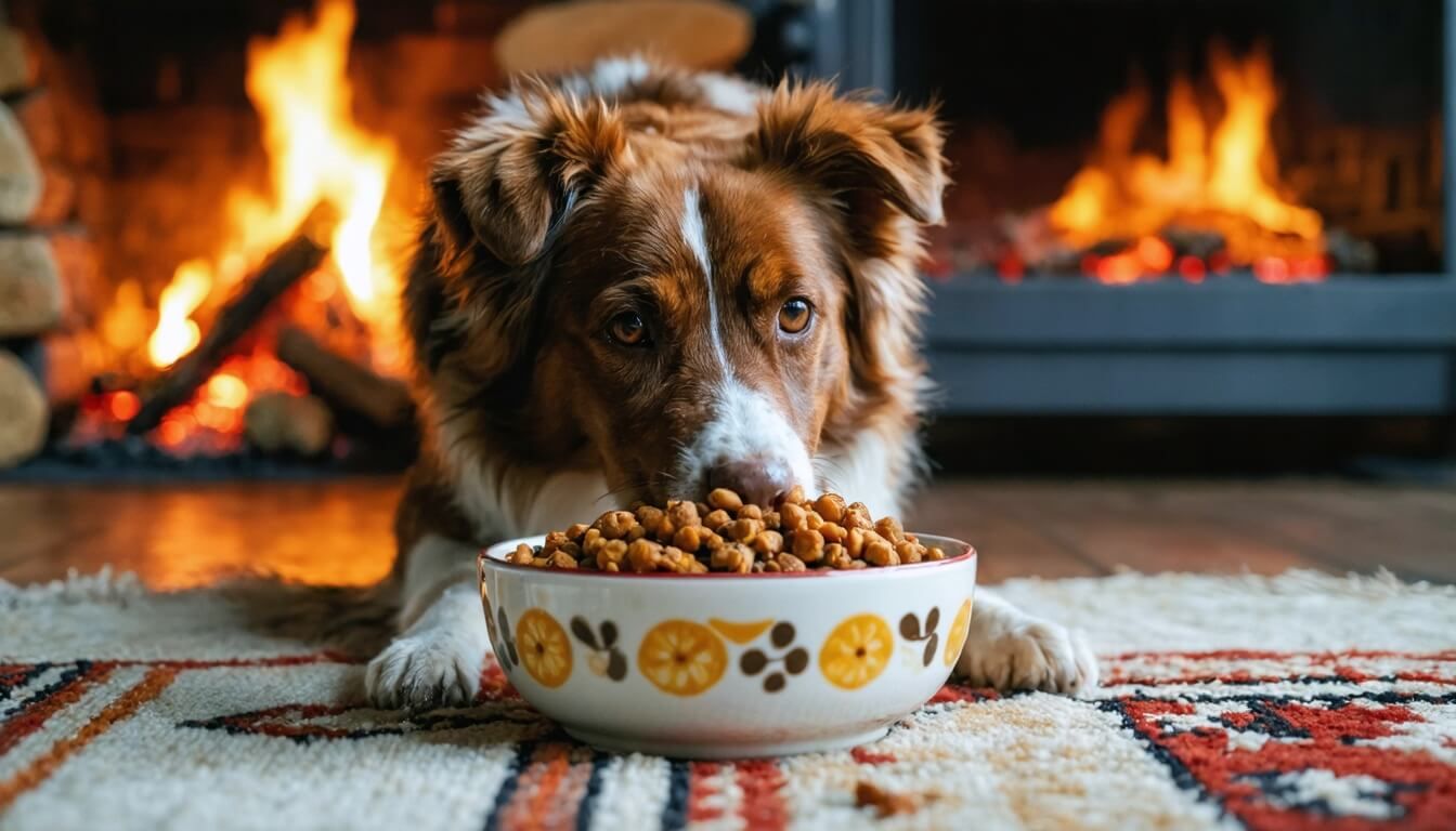 A dog enjoying a nutritious meal in a cozy indoor setting during winter