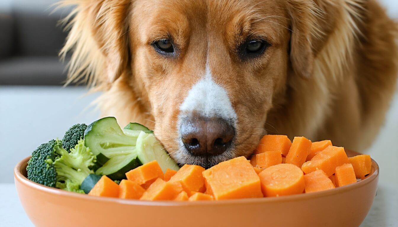 A close-up of a dog enjoying a bowl of colourful vegetables for gut health