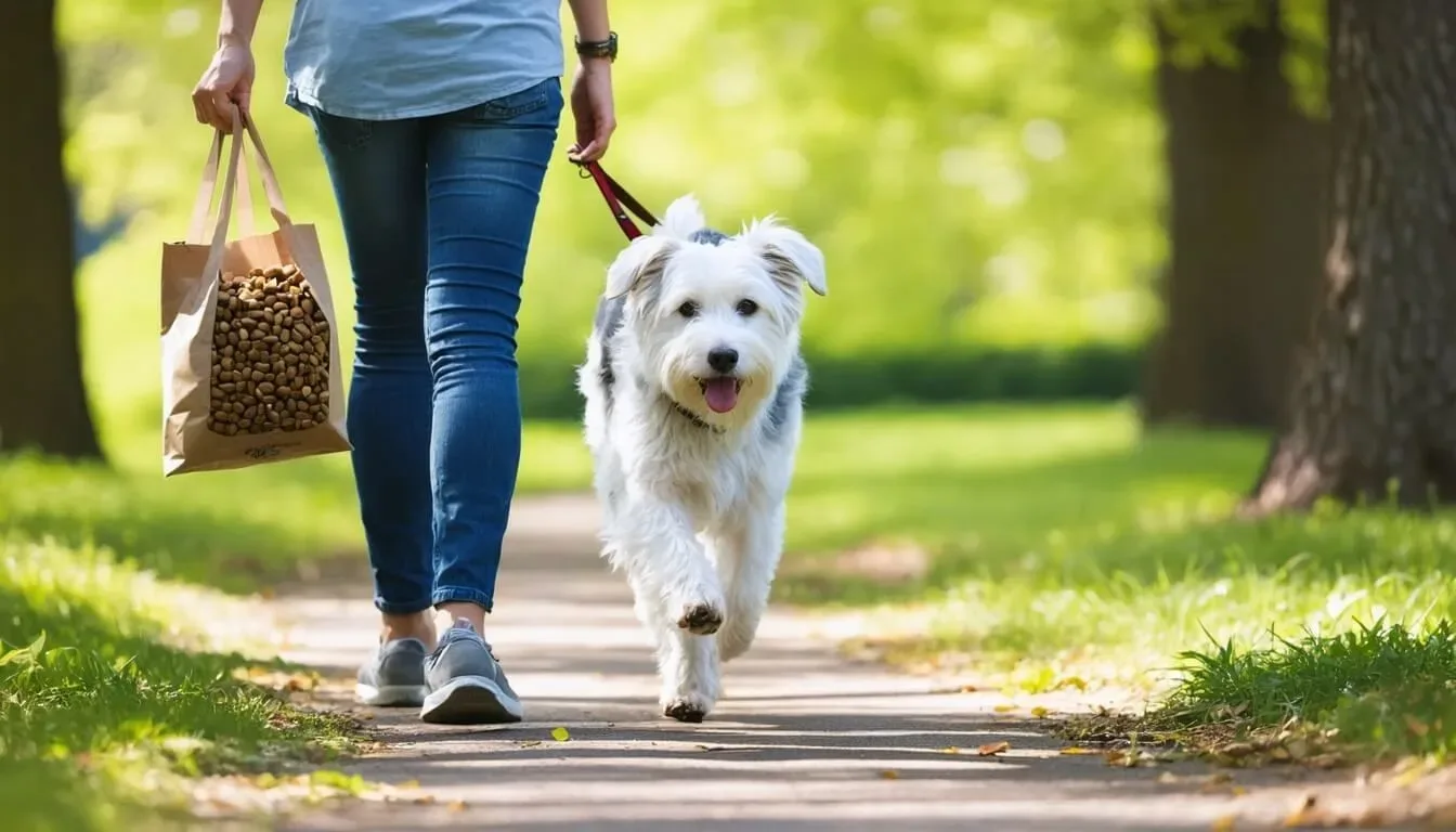 A dog owner walking their healthy dog in the park, highlighting the importance of diet and digestive health
