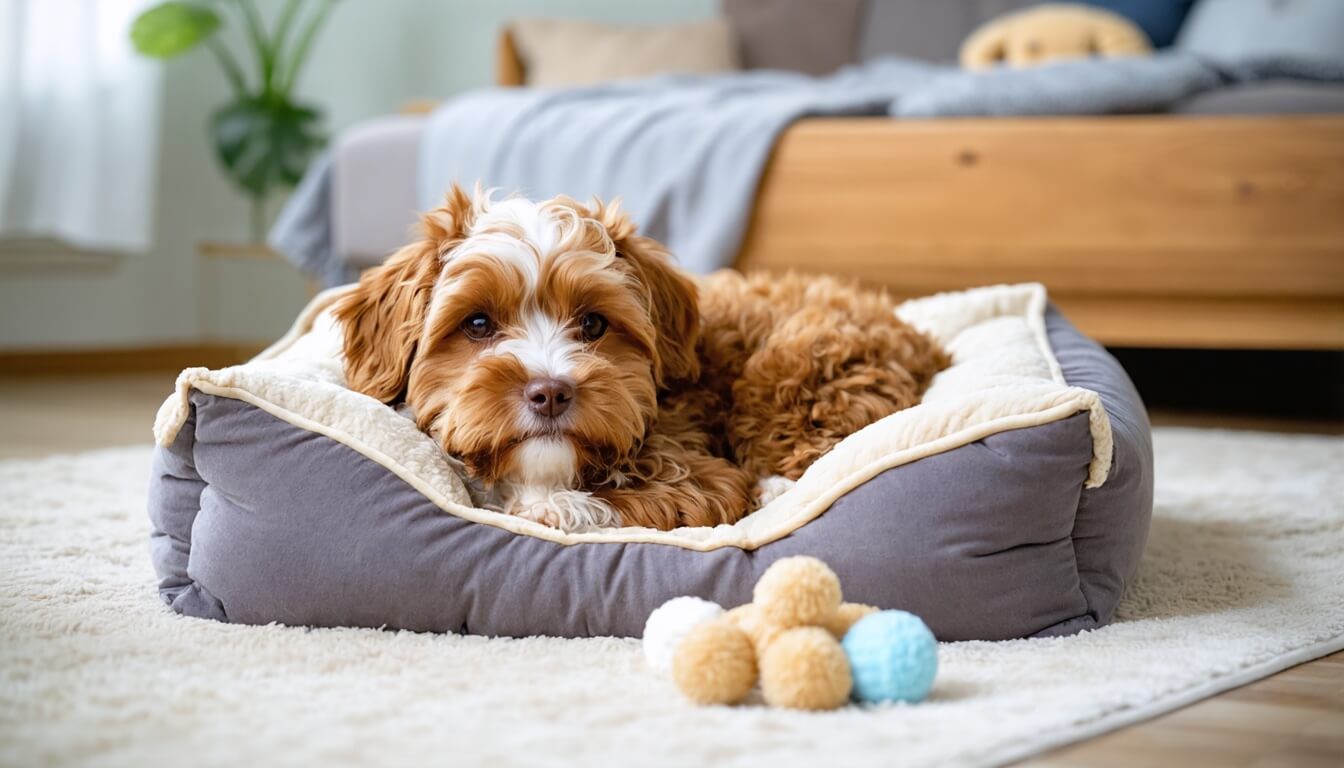 A Cavoodle resting comfortably on a soft bed, illustrating how probiotics can reduce anxiety and improve mood