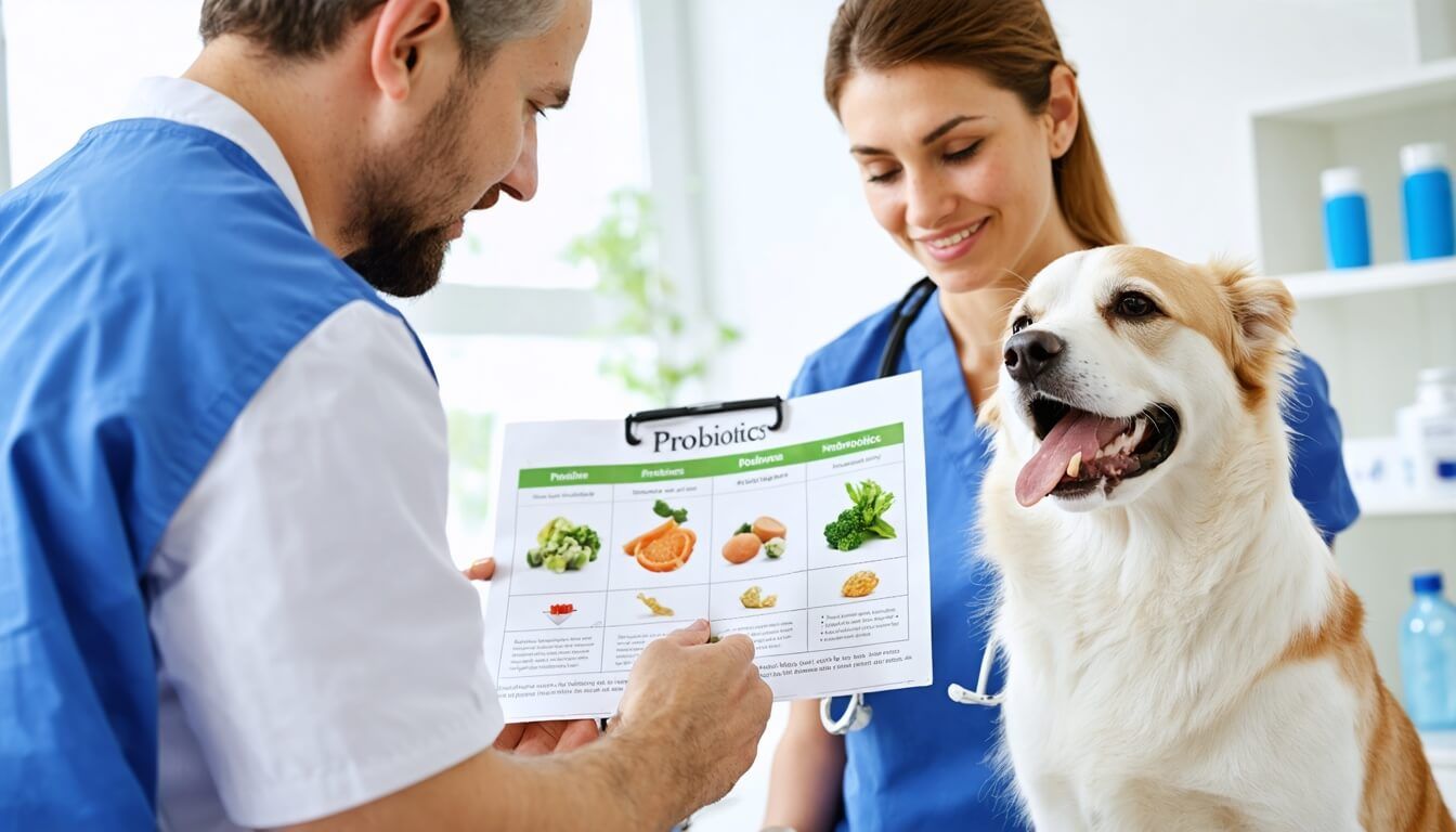 A veterinarian discussing dietary options with a dog owner about probiotics