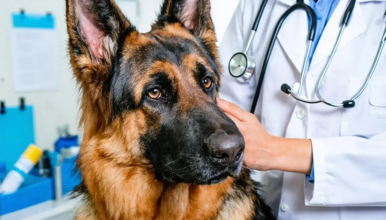 A veterinarian gently examining a German Shepherd, emphasizing care for digestive health and probiotics guidance