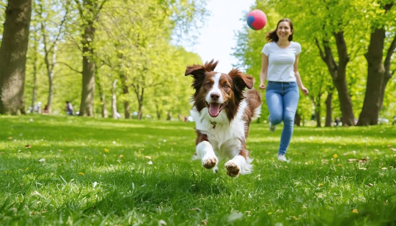 A happy dog playing in a park, showcasing the positive effects of probiotics on emotional wellbeing