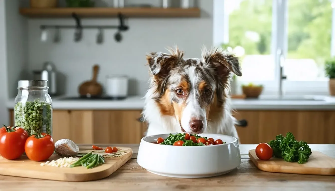 A dog eagerly looking at a bowl filled with healthy ingredients, highlighting the connection between diet and gut health