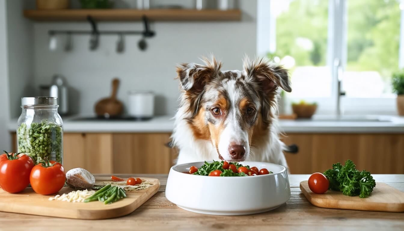 A dog eagerly looking at a bowl filled with healthy ingredients, highlighting the connection between diet and gut health