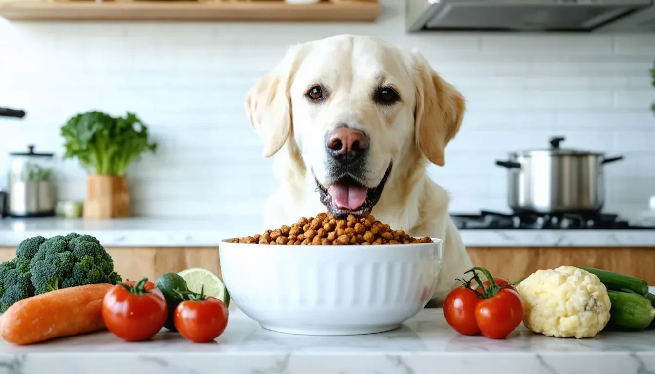 A dog enjoying a balanced meal to support gut health and behaviour