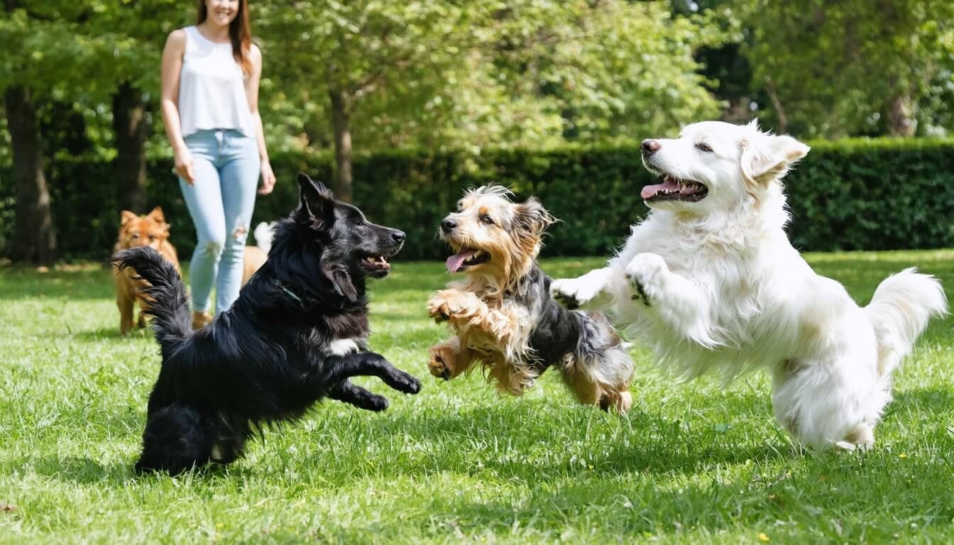 Multiple dogs playing together in a park promoting digestive health and well-being