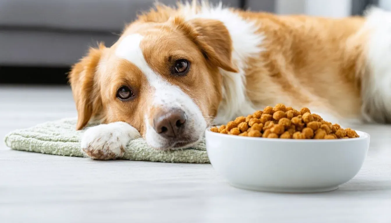 A relaxed dog sitting comfortably near a bowl of food, emphasising the connection between diet and probiotic health