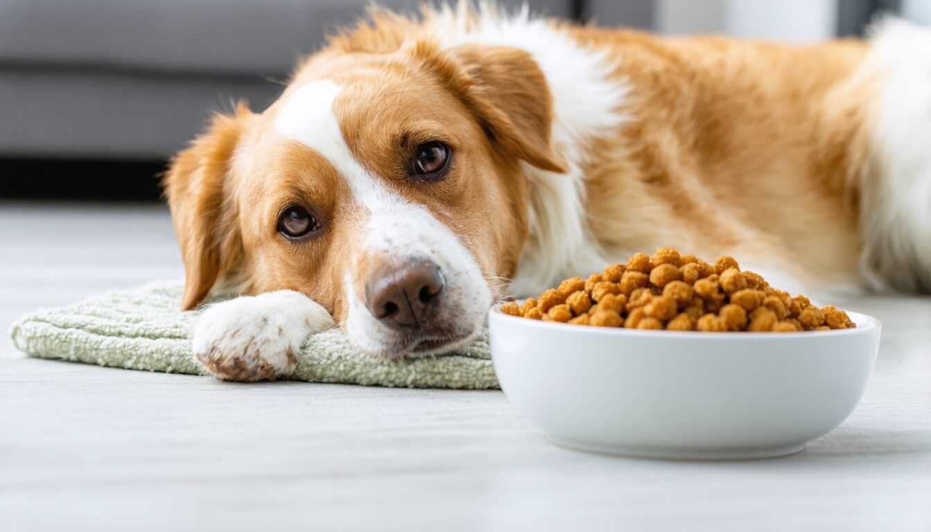 A relaxed dog sitting comfortably near a bowl of food, emphasising the connection between diet and probiotic health