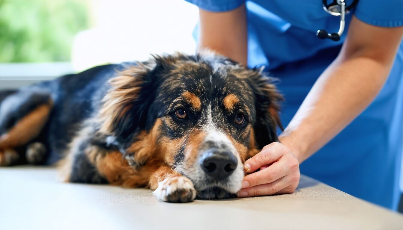 A veterinarian gently examining a calm dog, showcasing the importance of professional consultation for dietary supplements