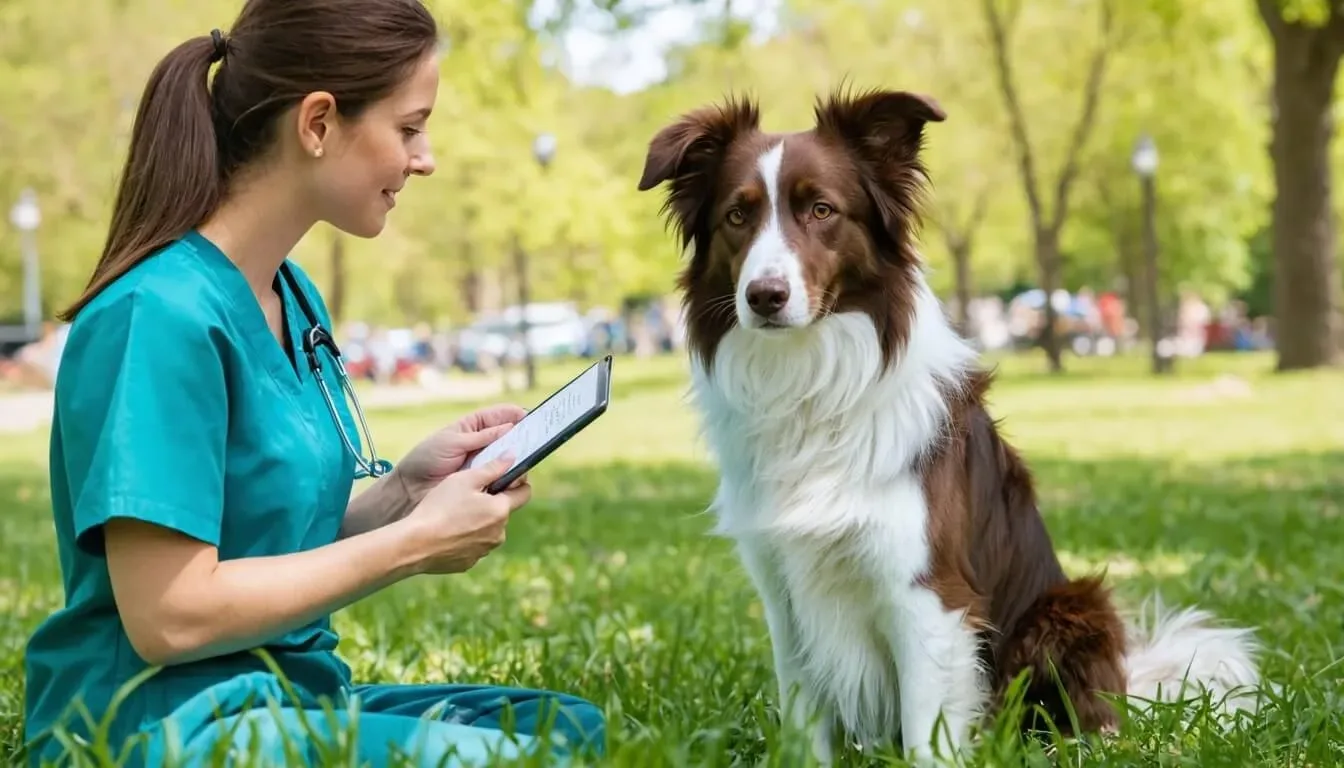 A dog owner consulting a veterinarian about probiotics for their Border Collie, highlighting responsible pet ownership and health guidance.