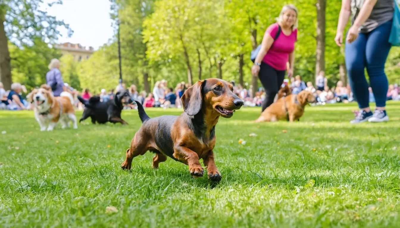 A Dachshund playing in a park, illustrating the social aspects of dog ownership and the benefits of probiotics for overall health
