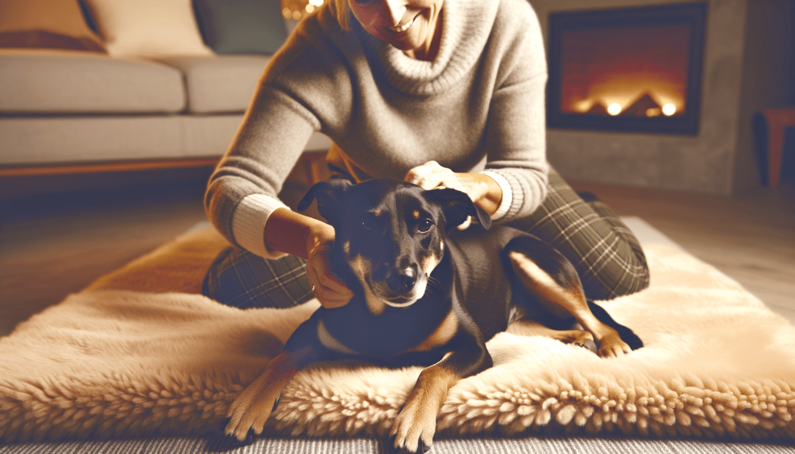A joyful dog lying on a soft blanket in a cozy home environment, with its owner nearby giving it a gentle scratch behind the ears