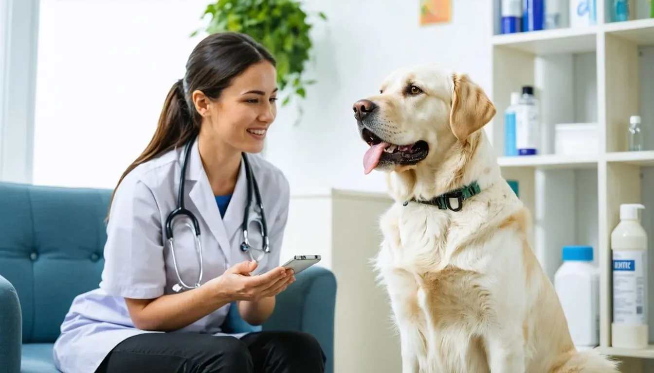 A veterinarian discussing probiotics with a dog owner, emphasizing professional guidance for dog health