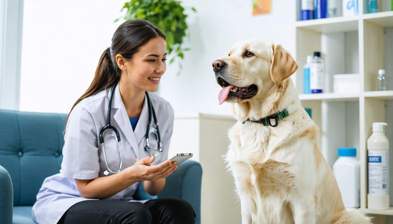 A veterinarian discussing probiotics with a dog owner, emphasizing professional guidance for dog health