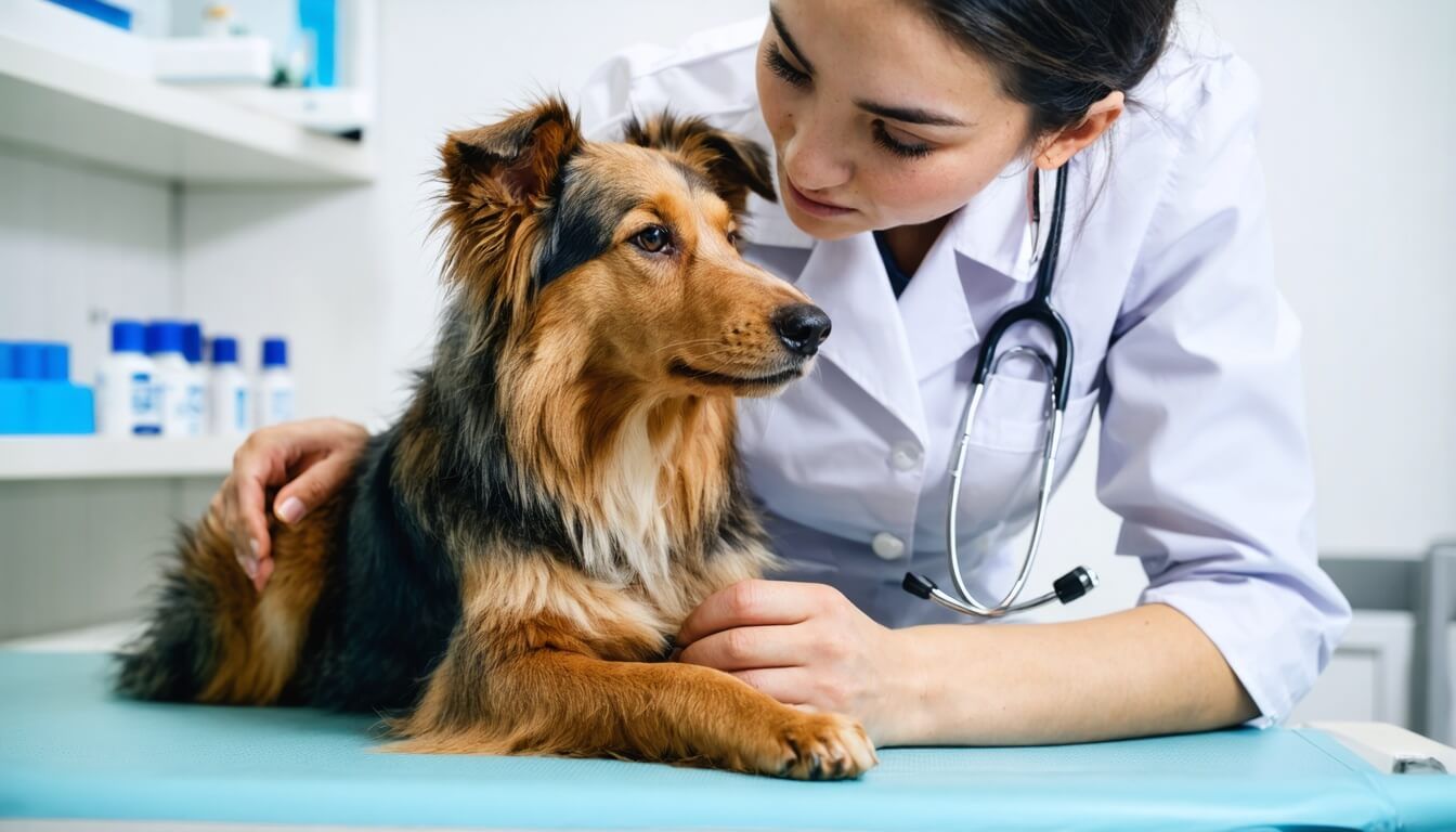 A veterinarian gently examining a dog, emphasising the importance of professional guidance in managing dog health