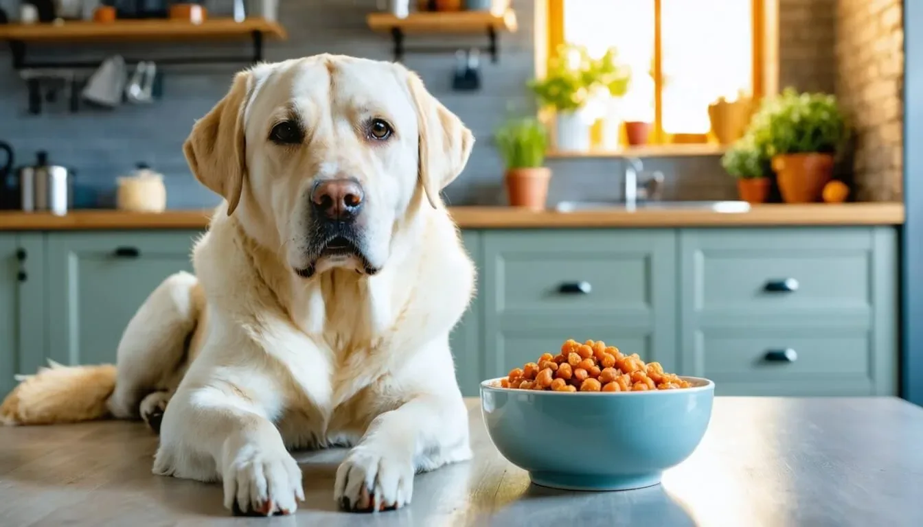 A Labrador beside a bowl of food mixed with probiotics, illustrating digestive health benefits