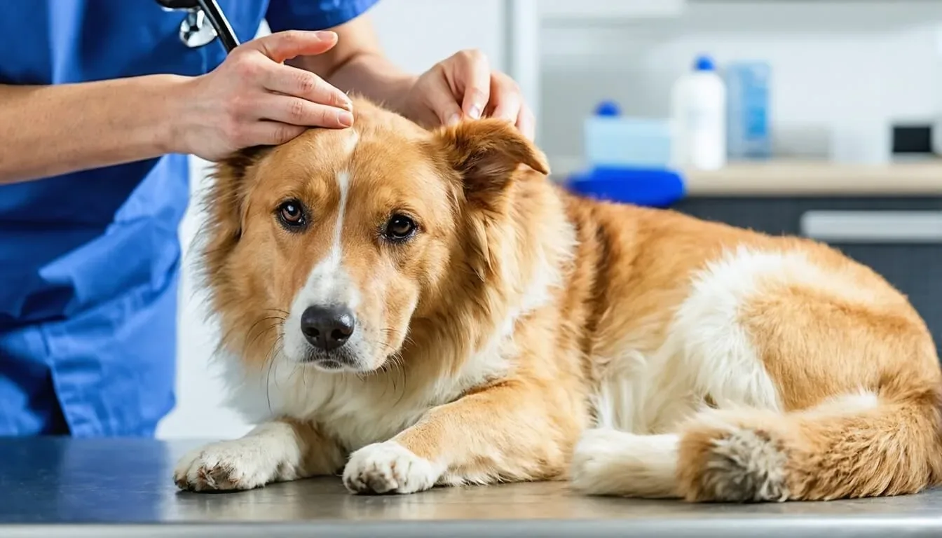 A veterinarian examining a dog