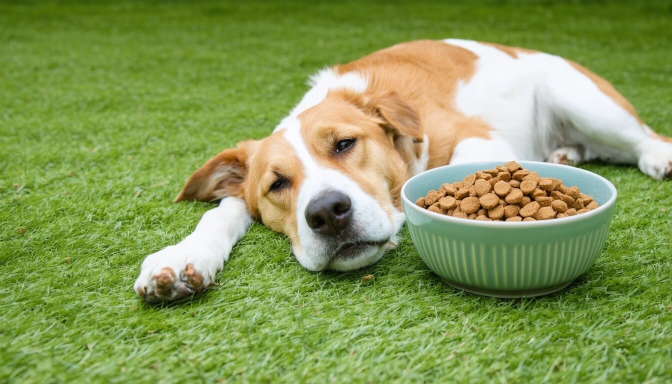 A serene dog lying on grass, highlighting the gut-brain connection and mood influence