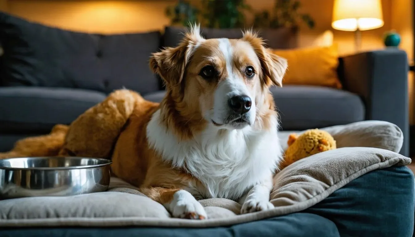 A relaxed dog on a soft bed, illustrating the positive effects of probiotics on dog anxiety