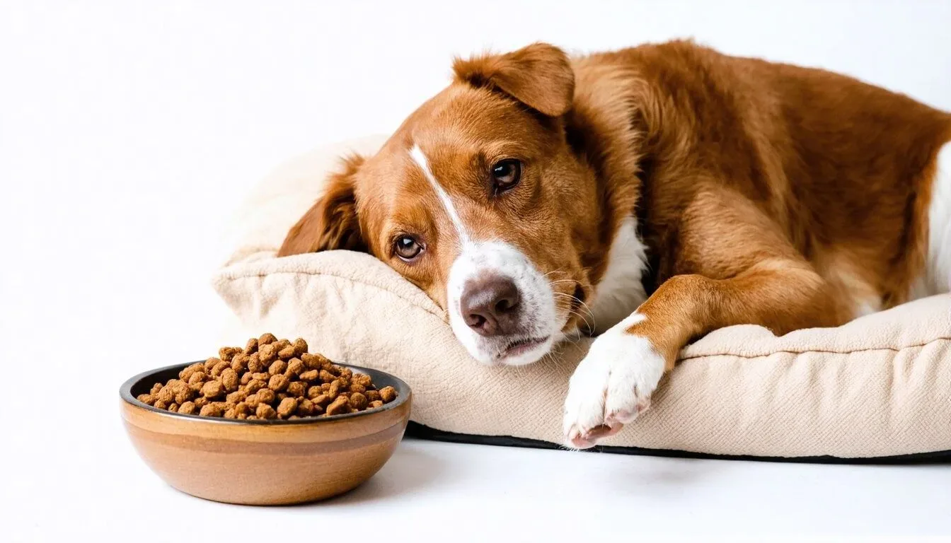 A dog lying comfortably with a bowl of low-carb dog food, illustrating dietary adjustments for yeast infection prevention