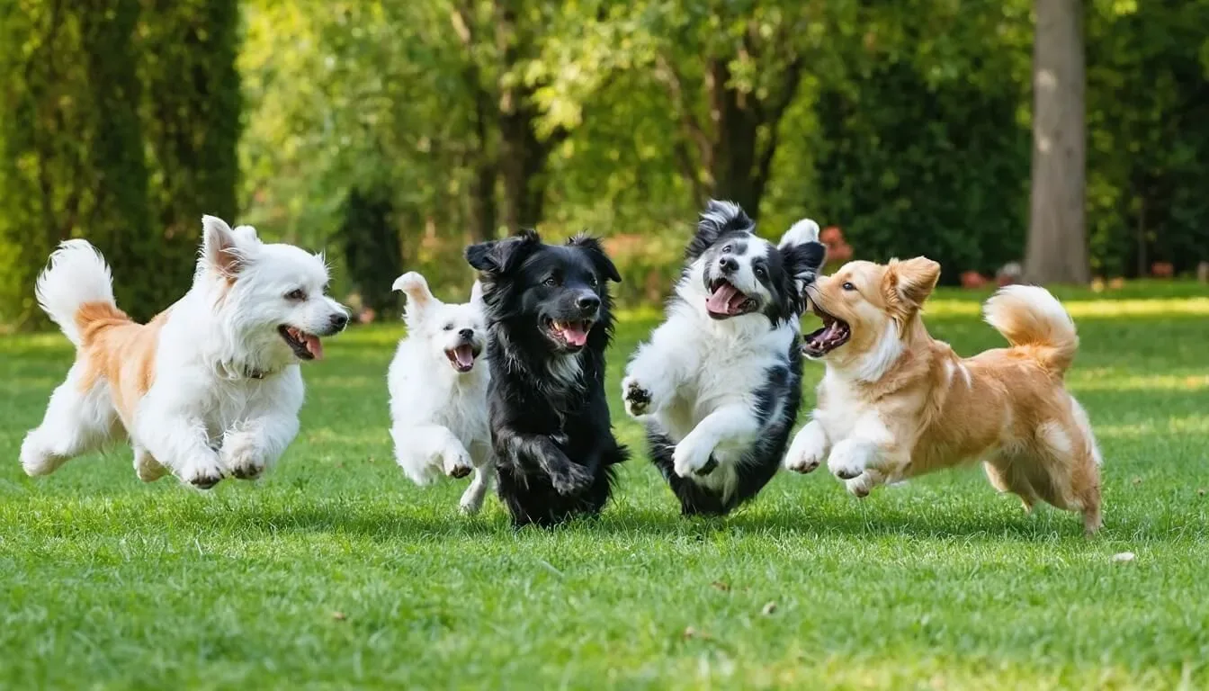 A group of healthy dogs playing together in a park, showcasing vitality