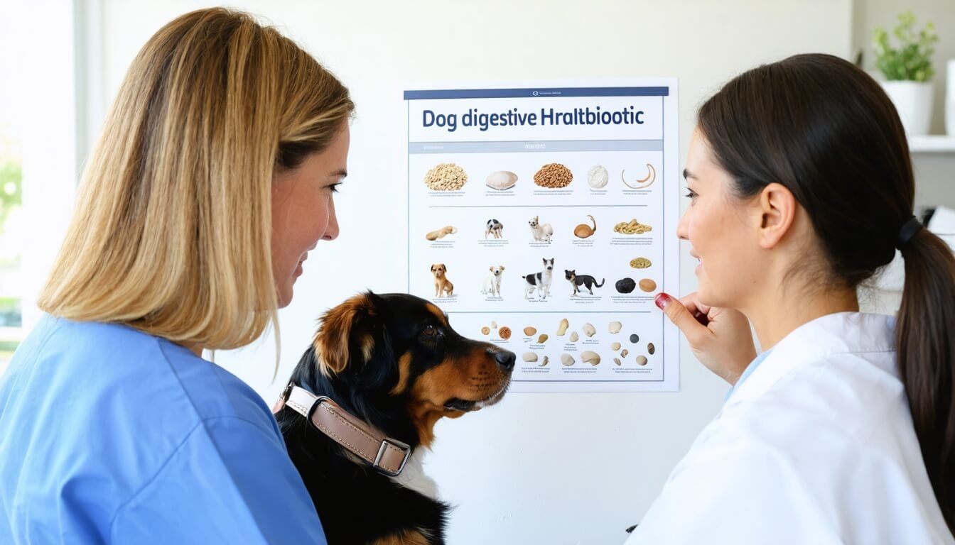 A veterinarian consulting with a dog owner about digestive health, emphasising the importance of professional guidance for probiotic use