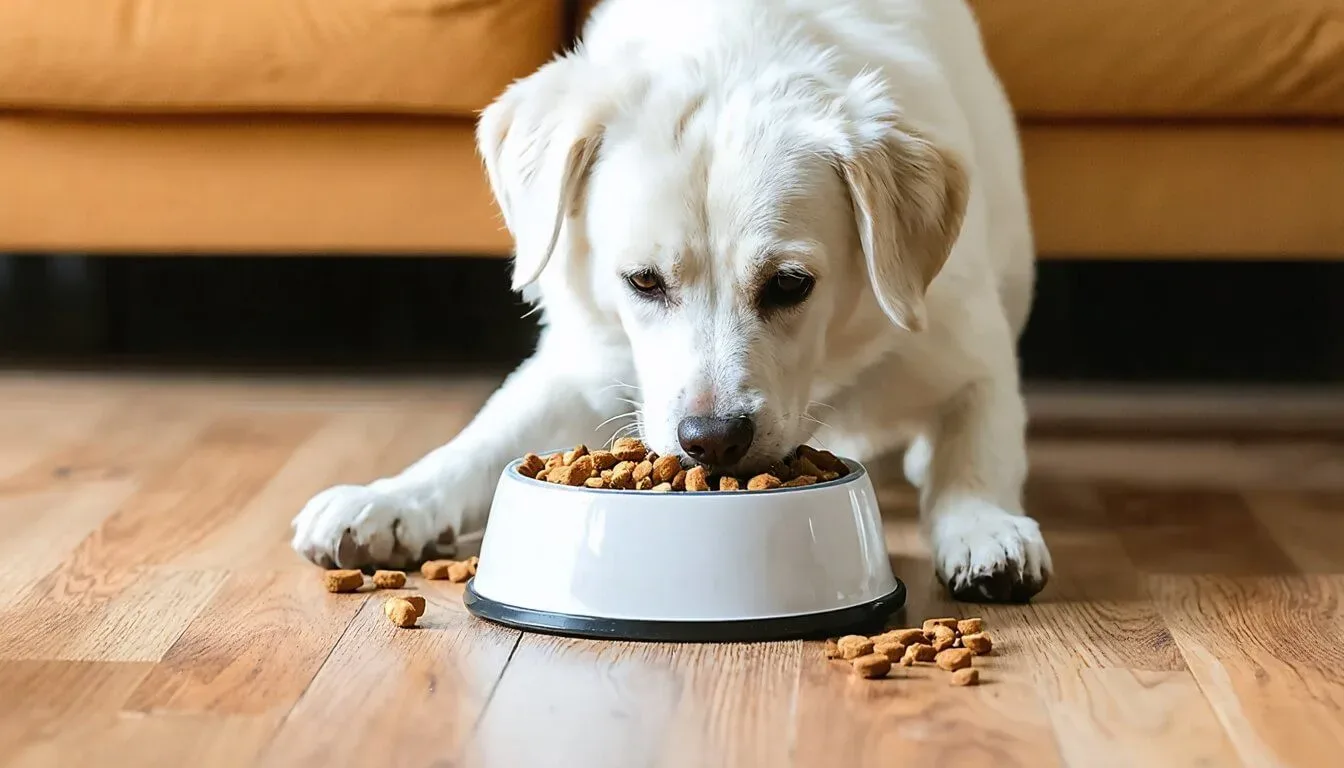 A dog happily eating from a bowl with probiotics, illustrating diet and behaviour connection