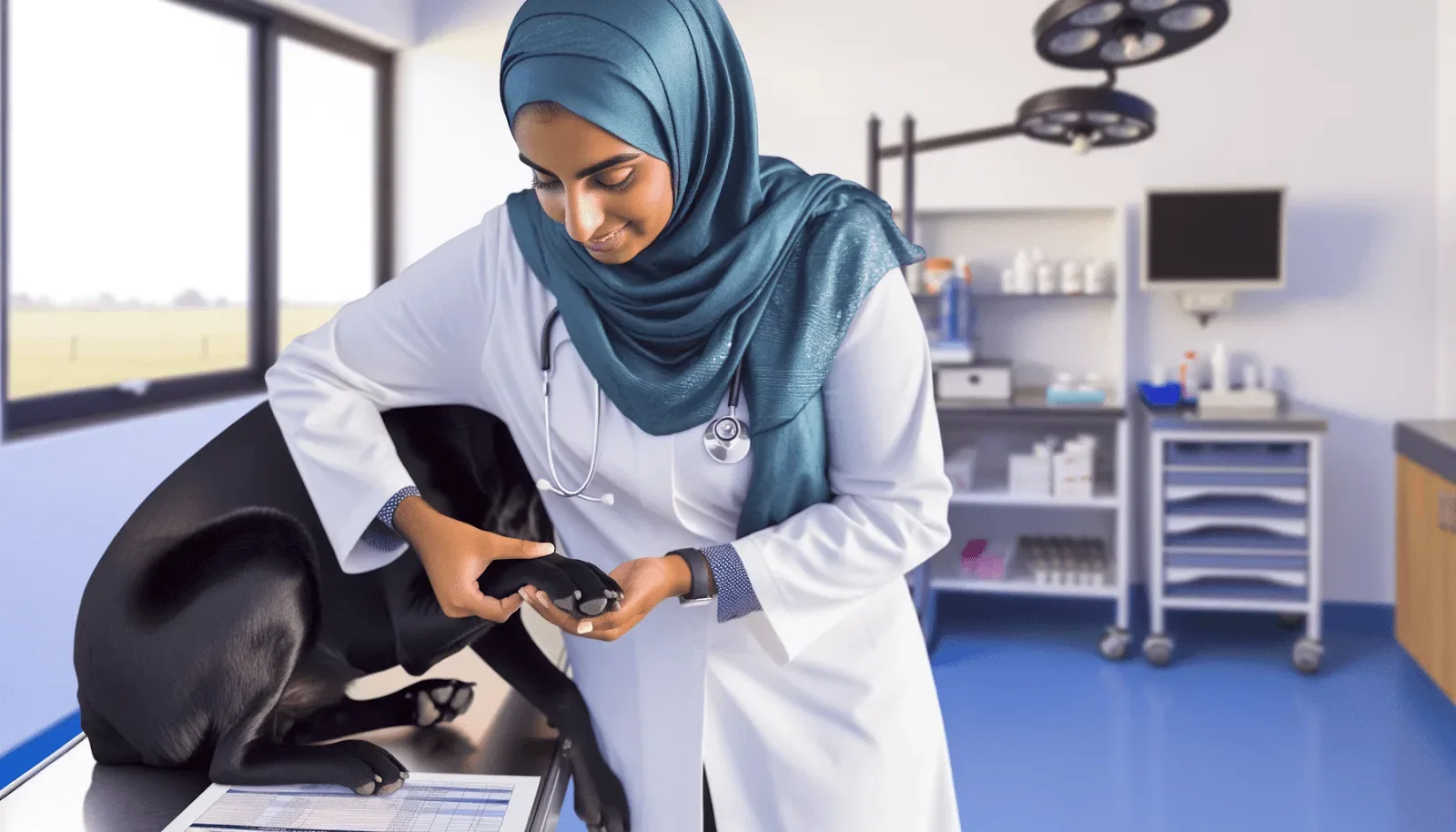 A veterinarian gently examining a dog