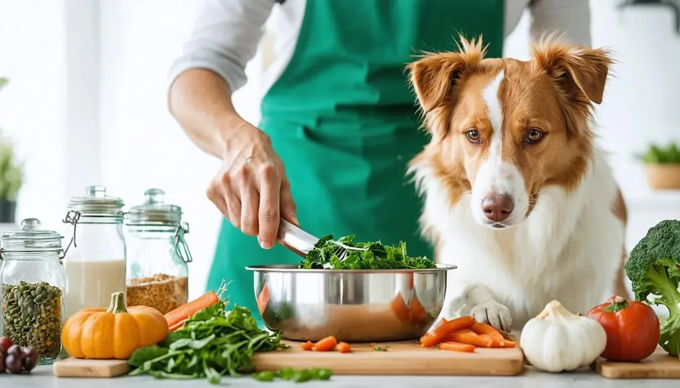 A dog owner preparing a healthy meal with fresh ingredients for their dog, emphasising the importance of diet in gut health