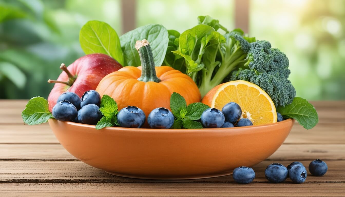 A bowl of fresh fruits and vegetables promoting prebiotics for dog gut health