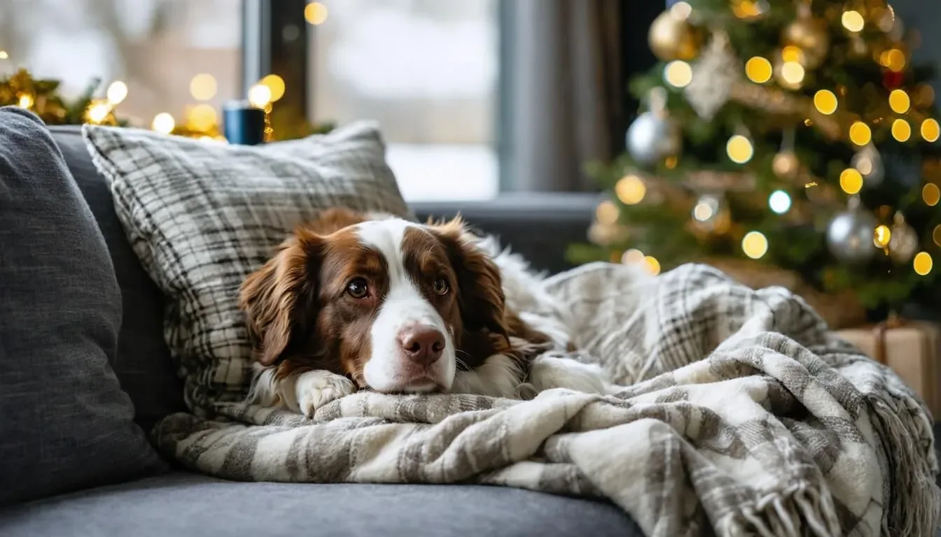 A dog resting comfortably on a couch surrounded by winter decorations