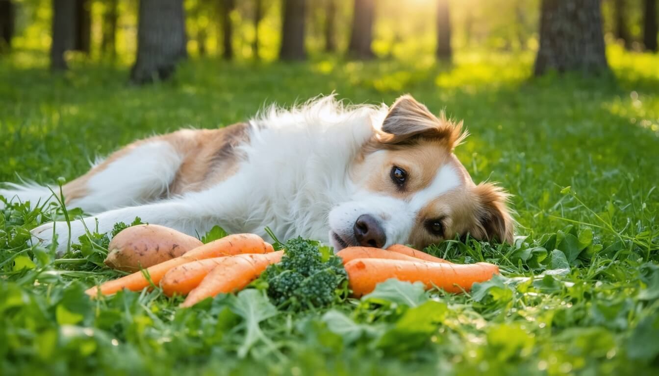 A relaxed dog surrounded by high-fibre foods like sweet potatoes and carrots