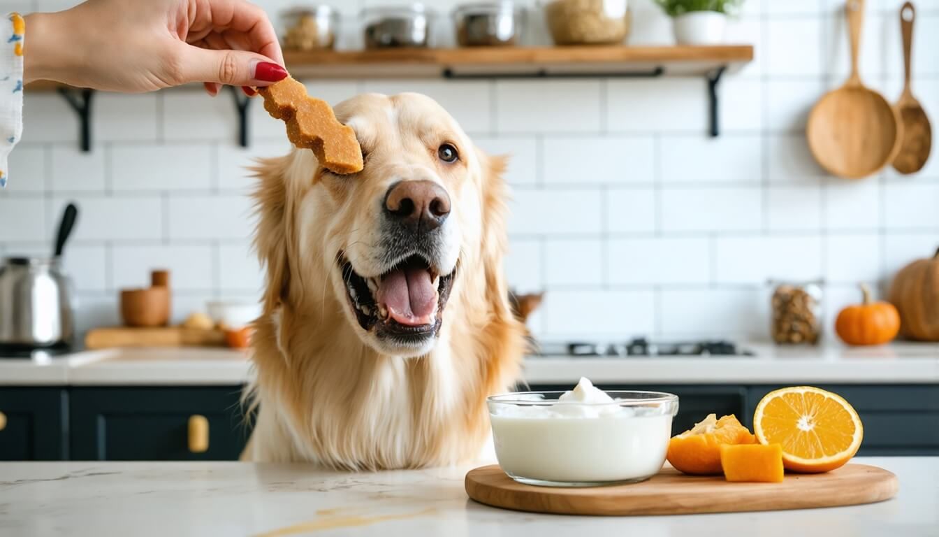 A dog enjoying a homemade probiotic treat, showcasing the benefits of probiotics for dogs