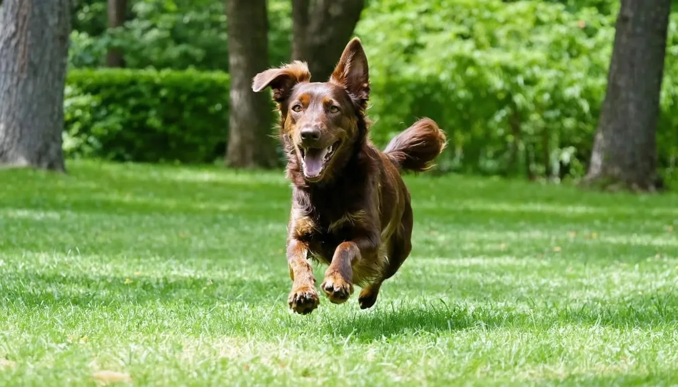 A healthy Kelpie running energetically through a lush green park, emphasizing the benefits of probiotics for active breeds like Kelpies.